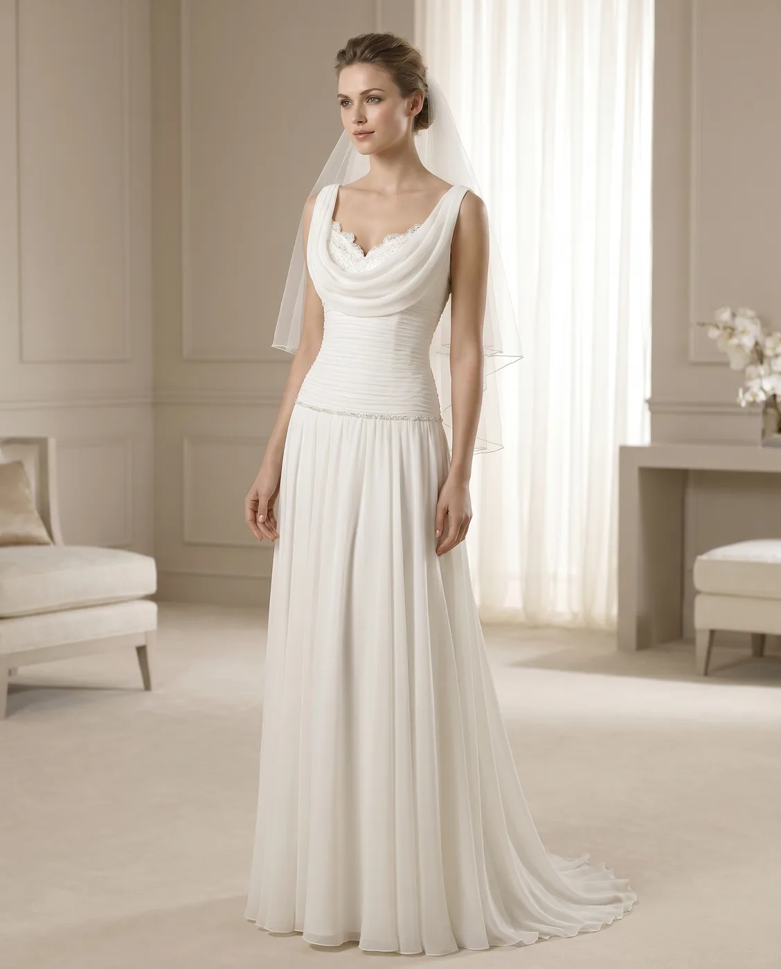 Cowl-Draped Pleated Bridal Gown
