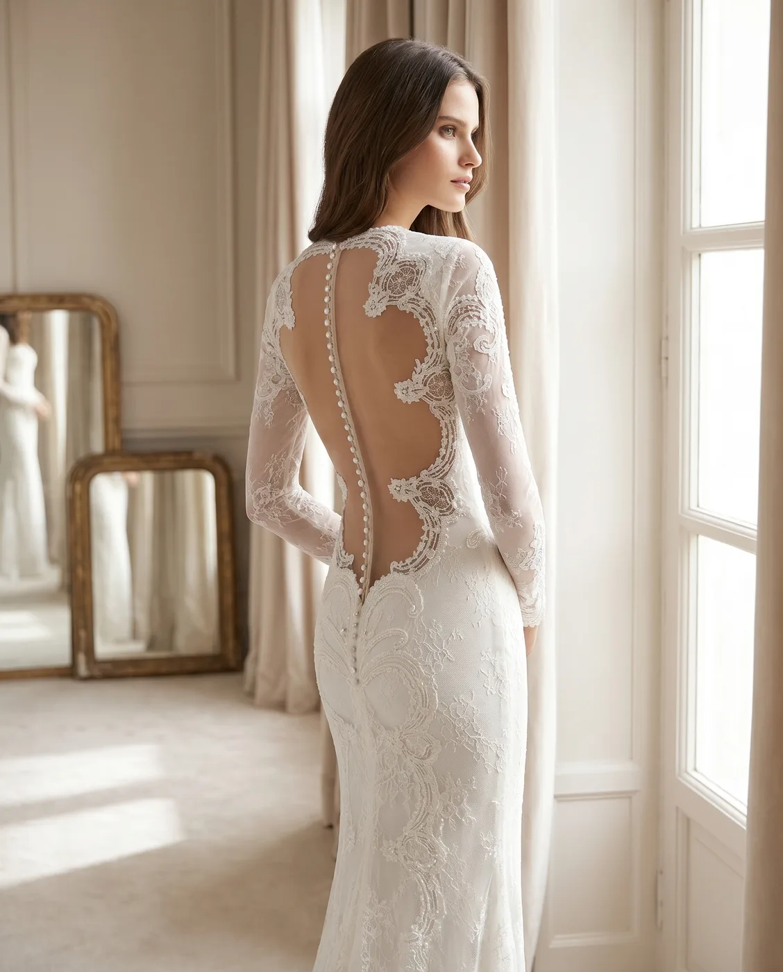 Illusion-Back Buttoned Lace Gown