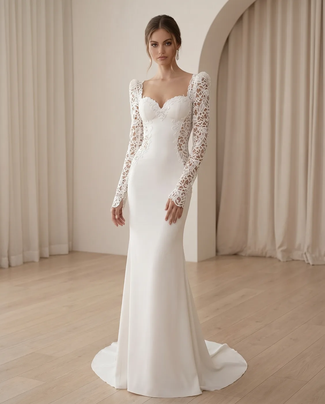 Lace-Sleeve Crepe Sweetheart Gown