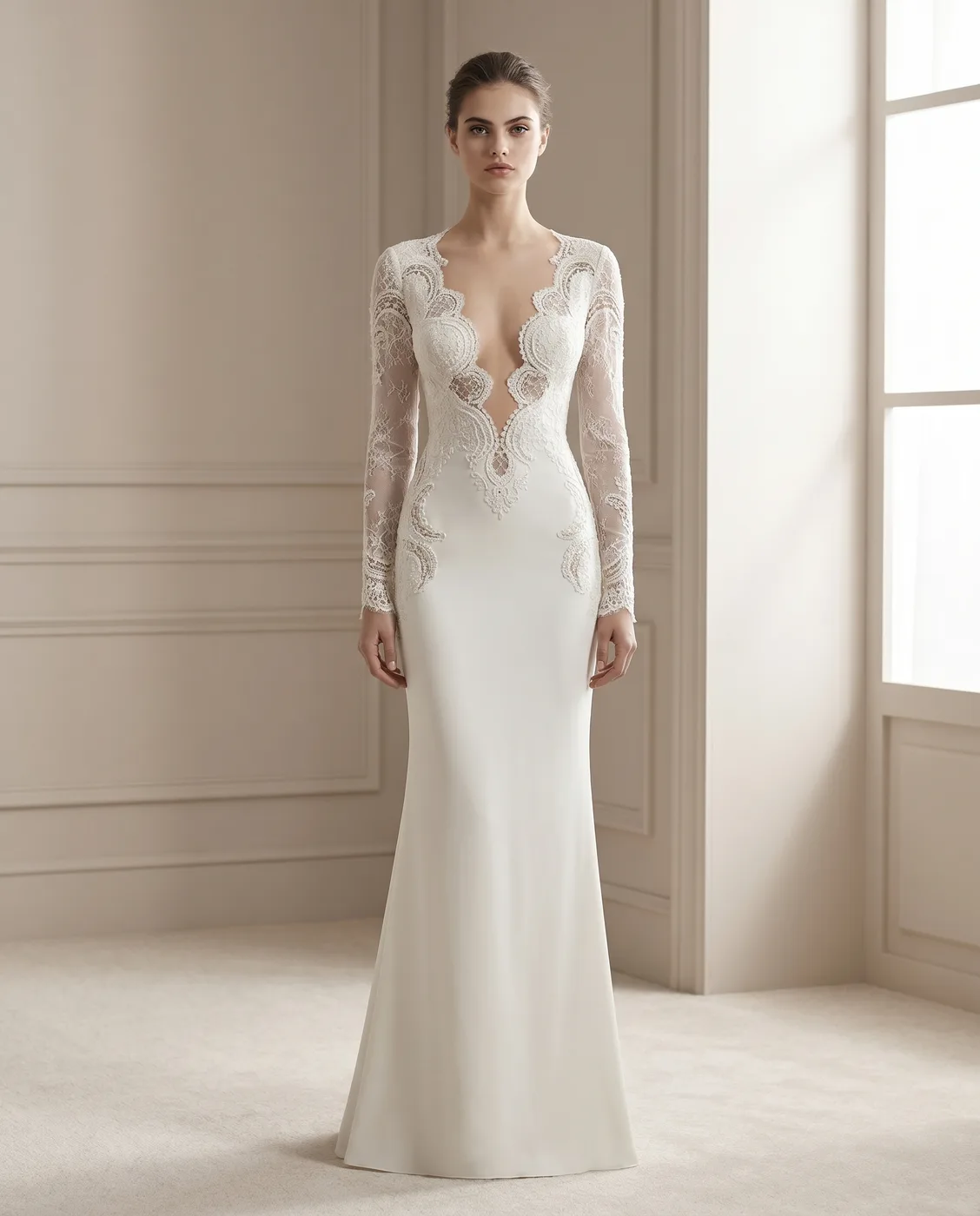 Deep-Plunge Lace Sheath Gown