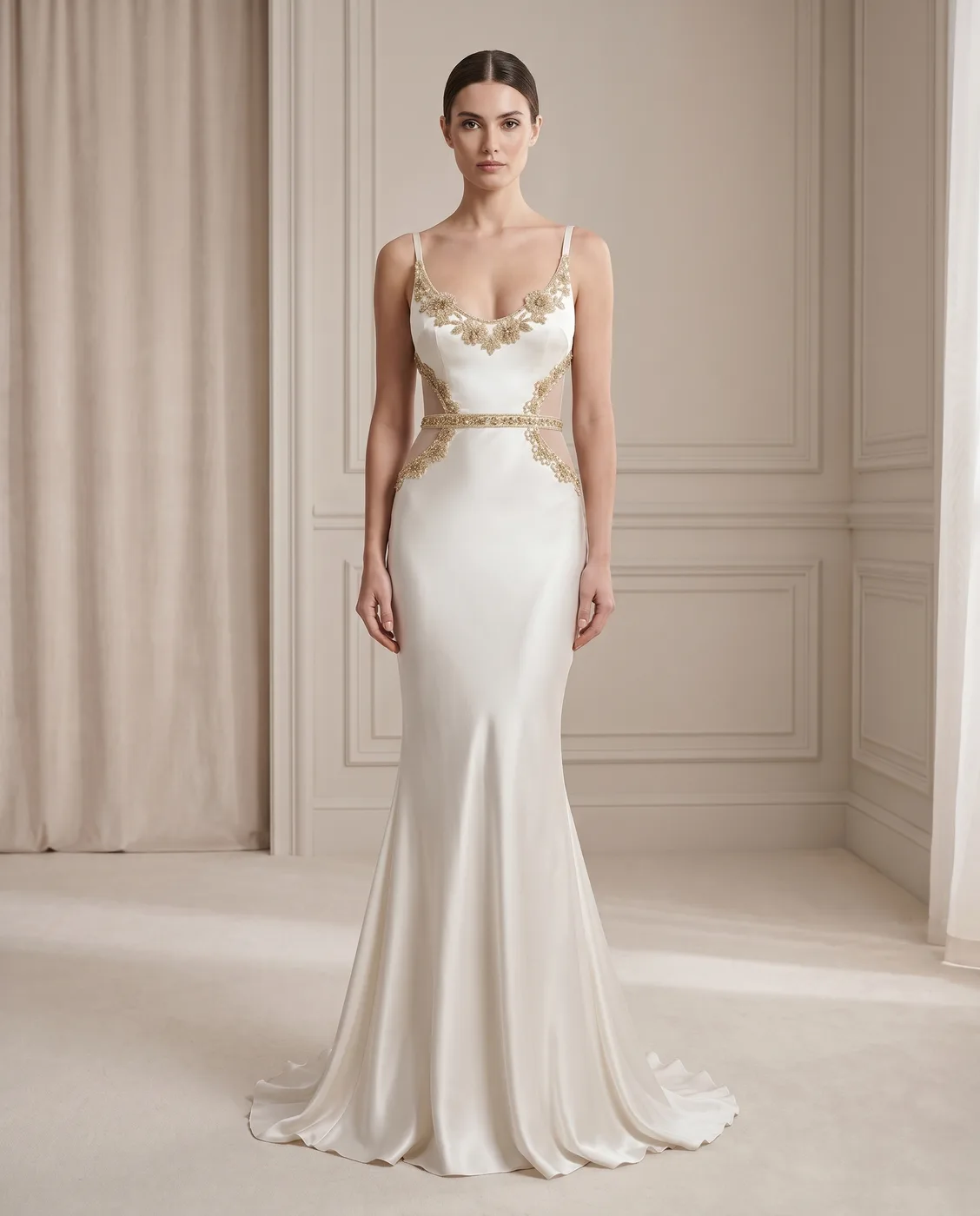 Gold-Embellished Satin Slip Gown