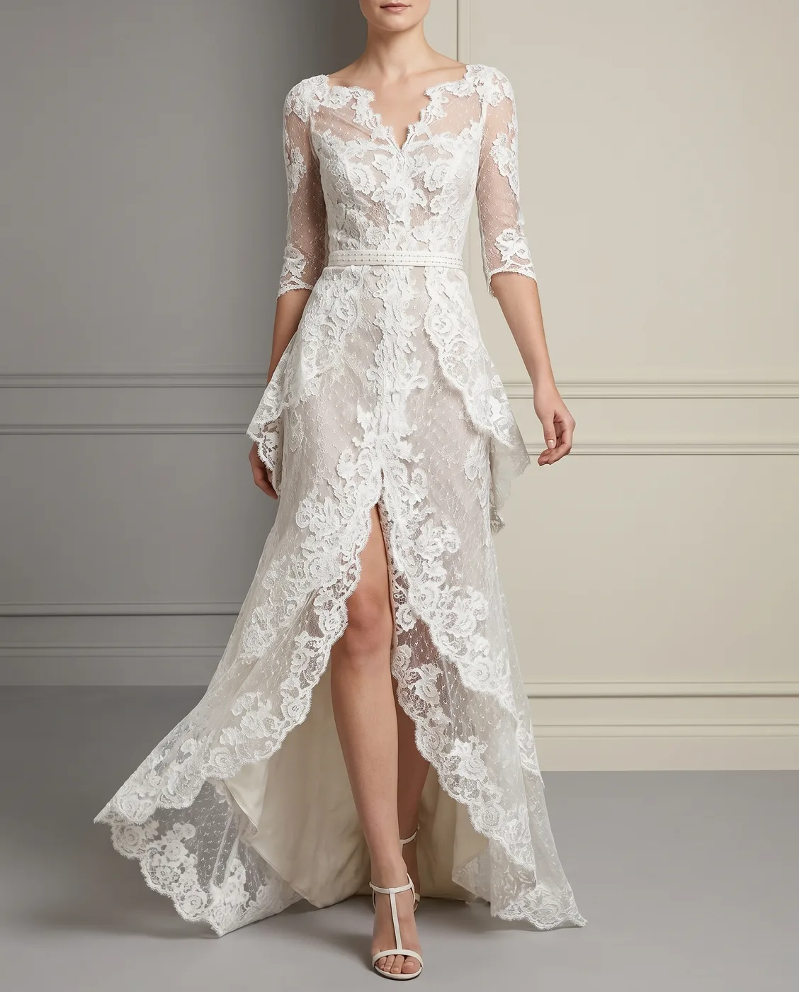 Ruffled High-Low Lace Gown