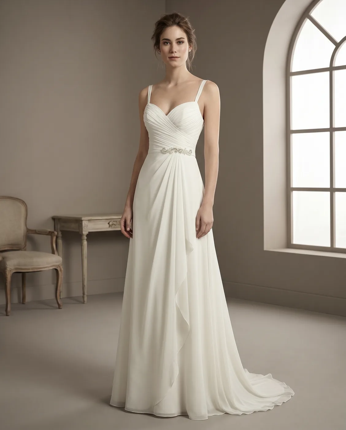 Ruched Chiffon Cascade Gown