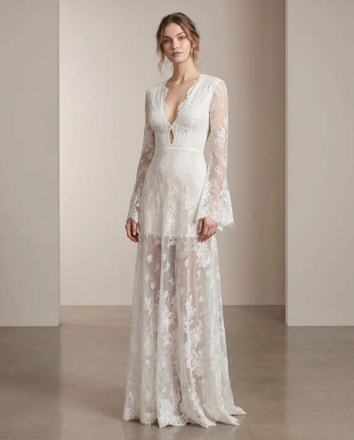 Bell-Sleeve Deep-V Lace Gown