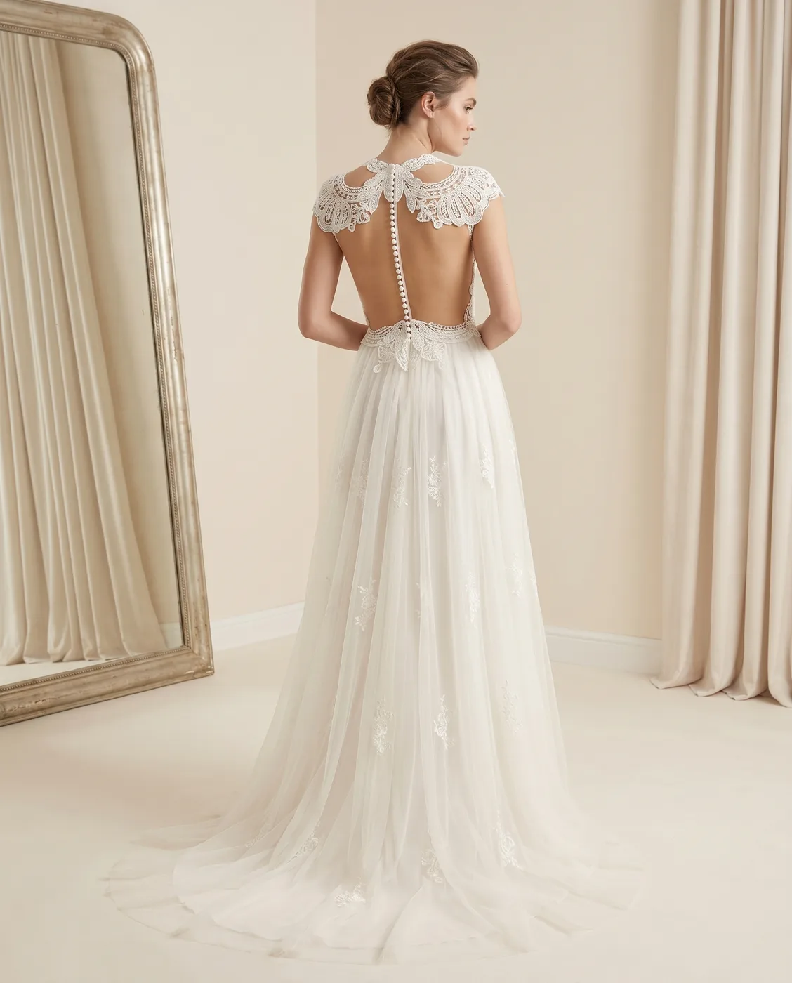 Button-Spine Lace Gown