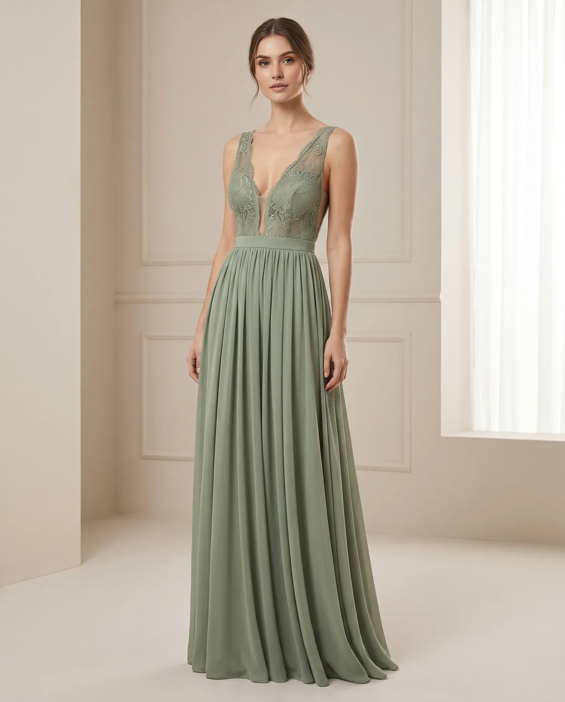 Sage Chiffon Open-Back Gown