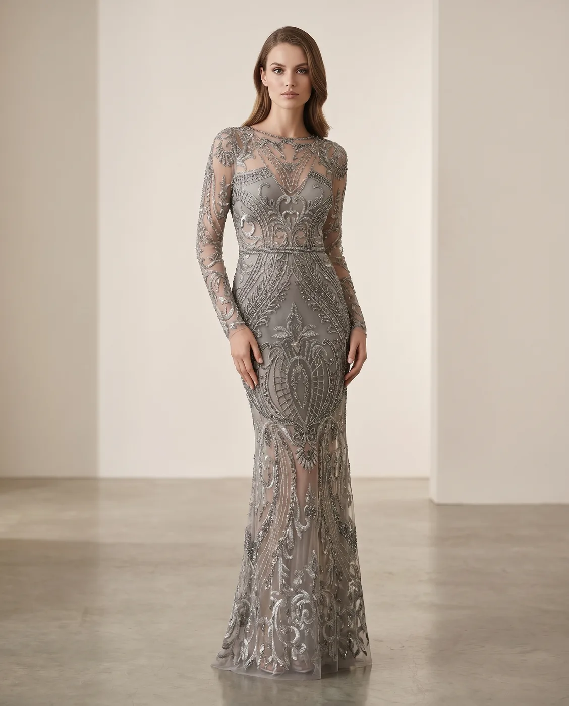 Silver Beaded Illusion Gown