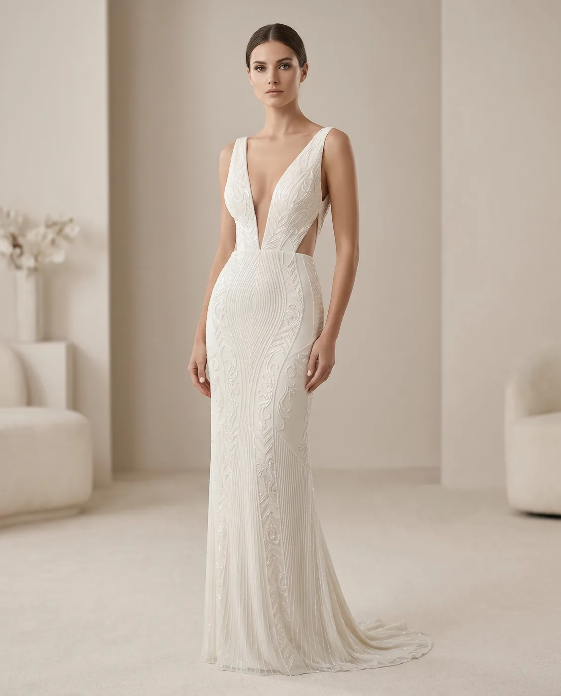 Plunging Beaded Column Gown