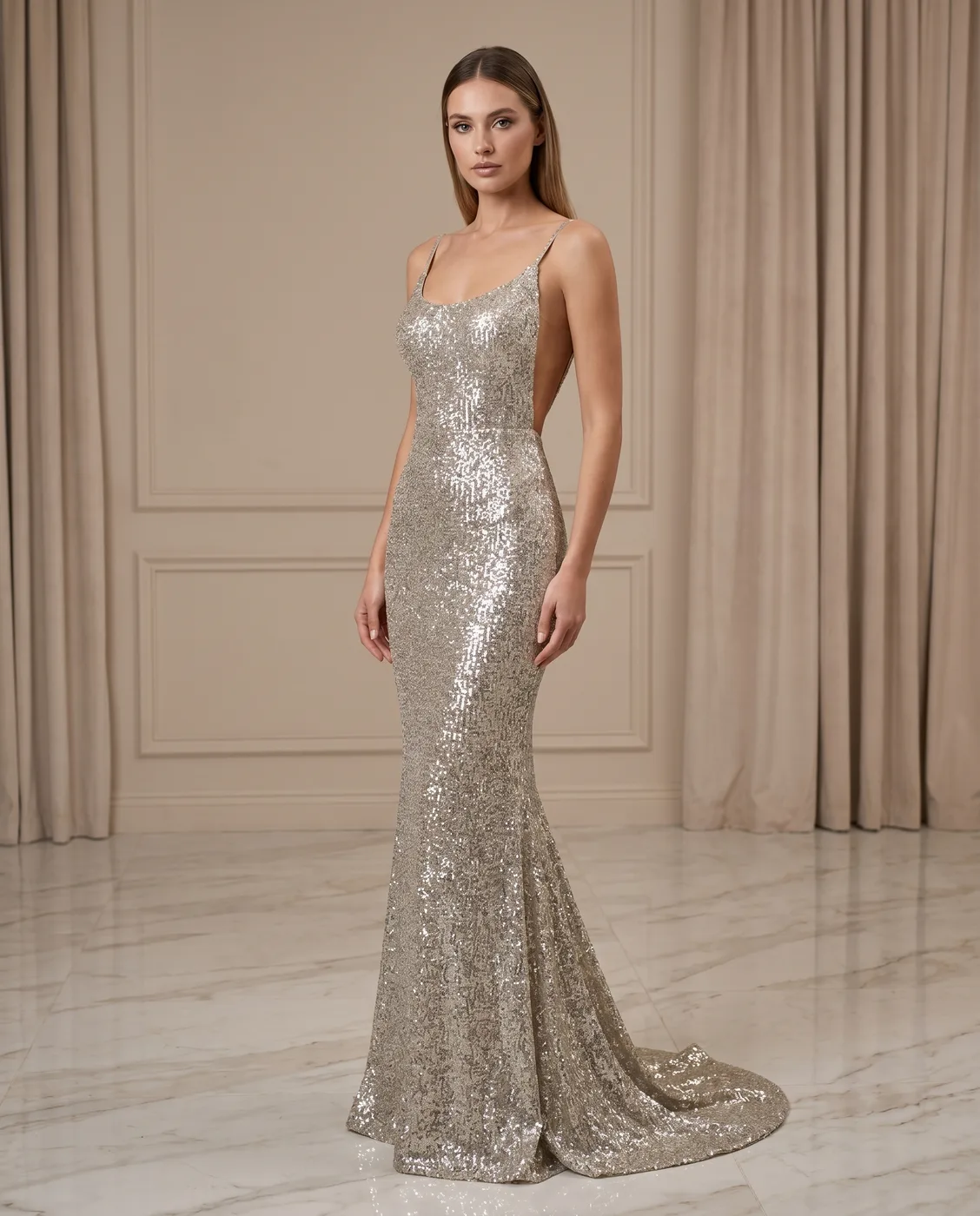 Gold Sequin Open-Back Gown