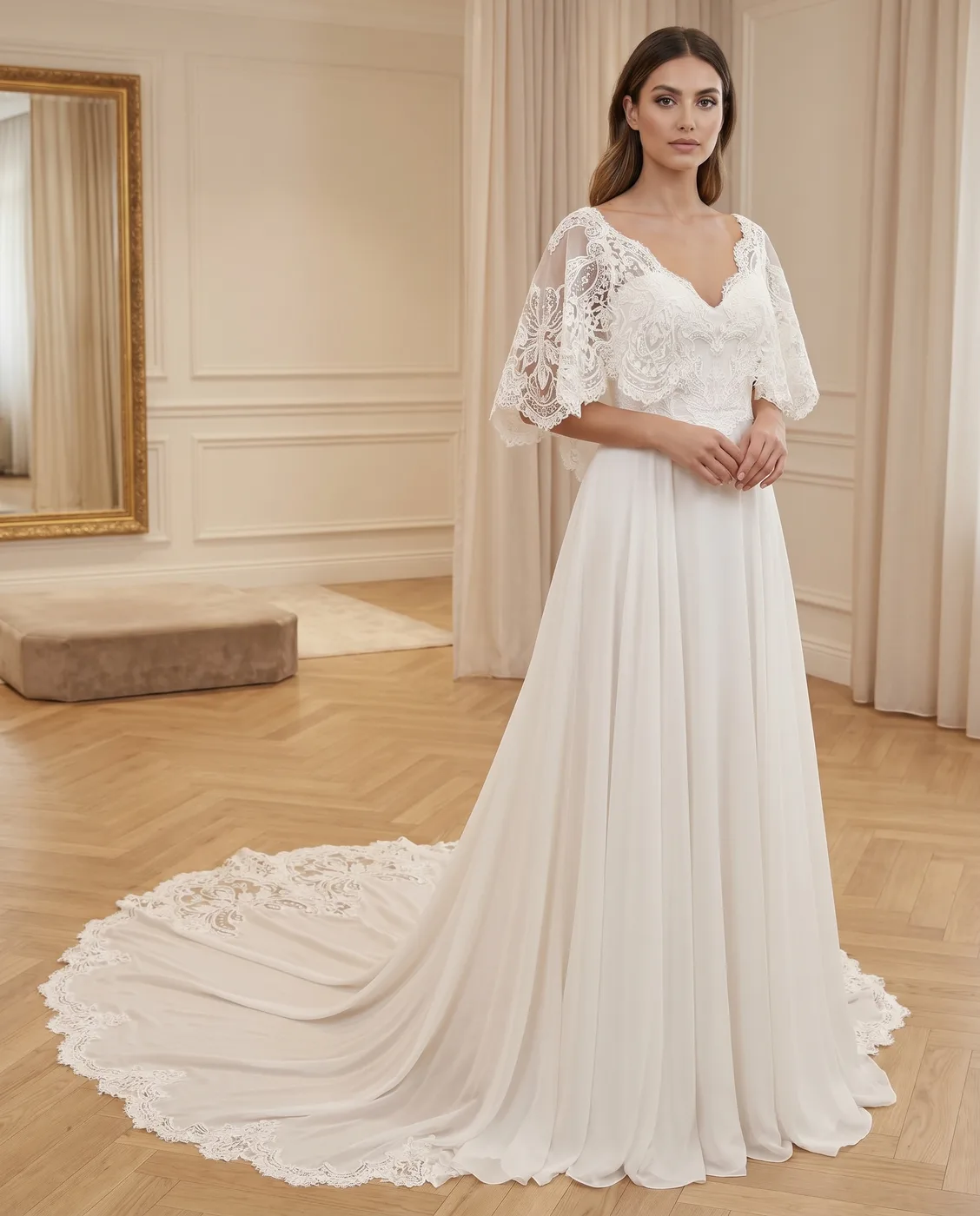Open-Back Chiffon Train Gown