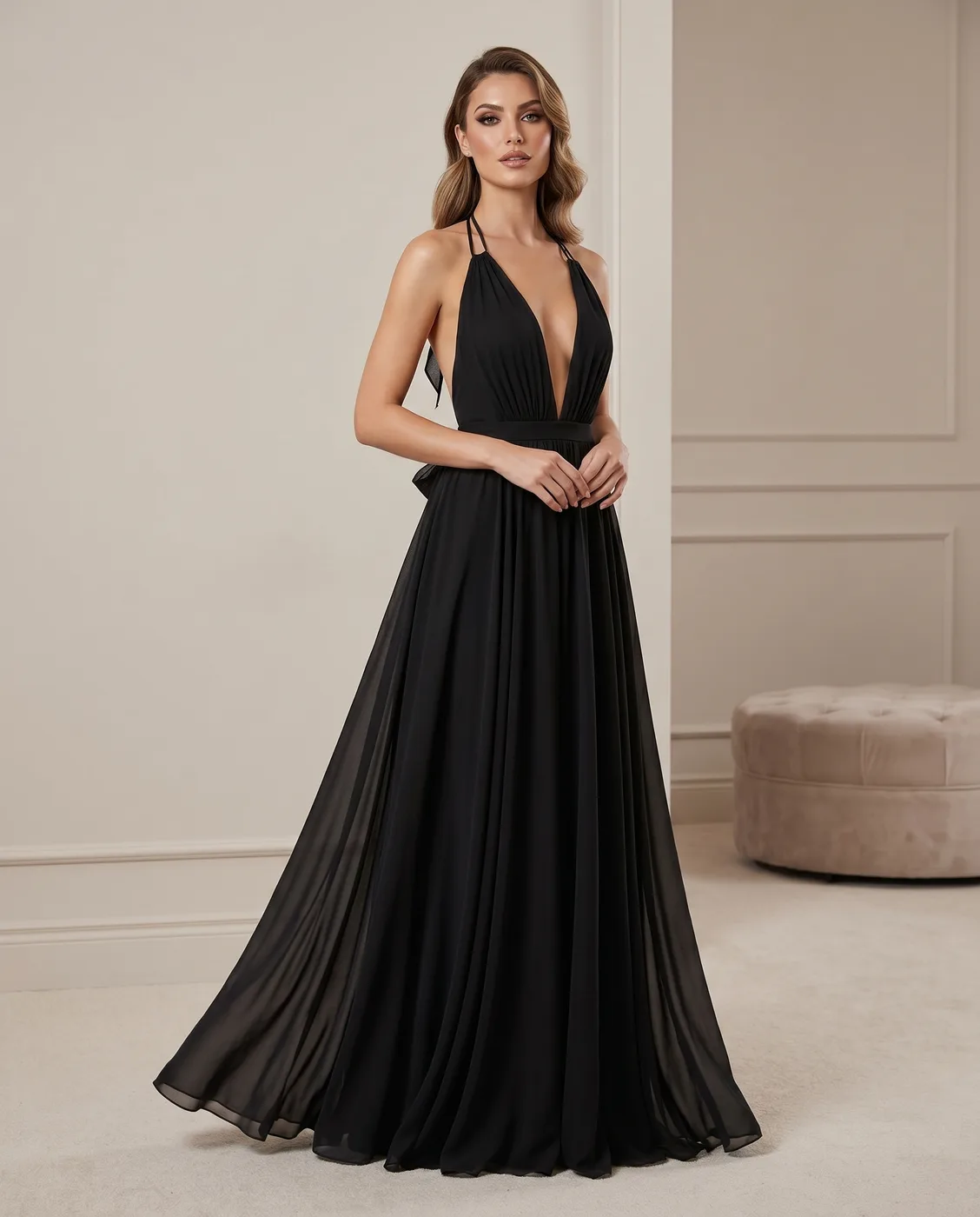 Black Plunge Halter Gown