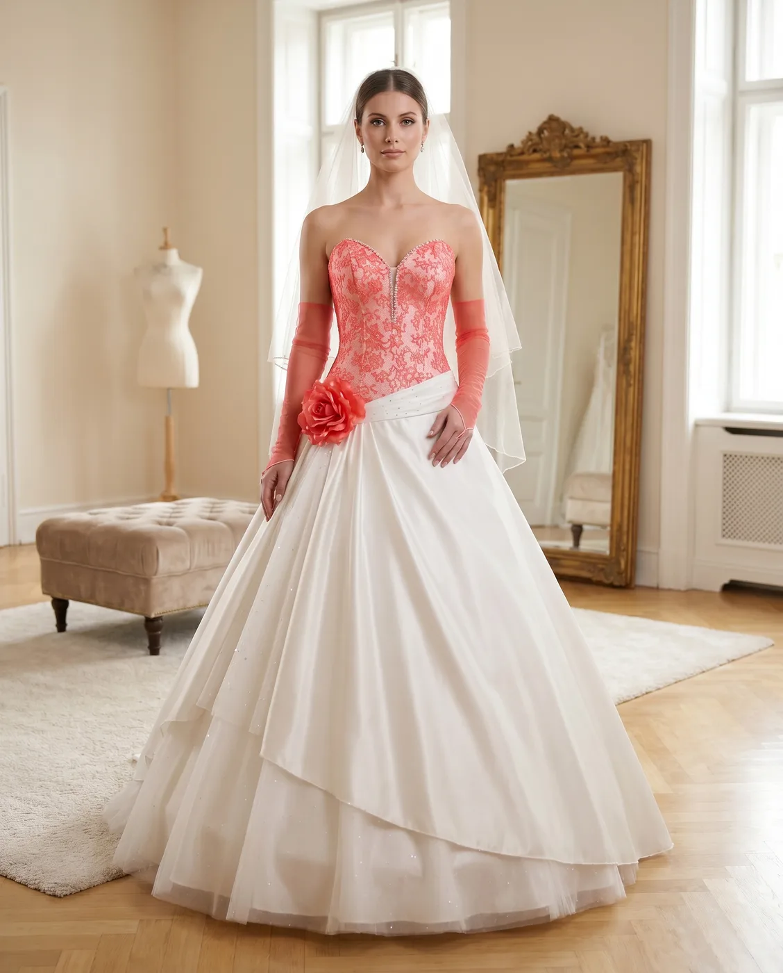 Coral-Laced Corset Ballgown