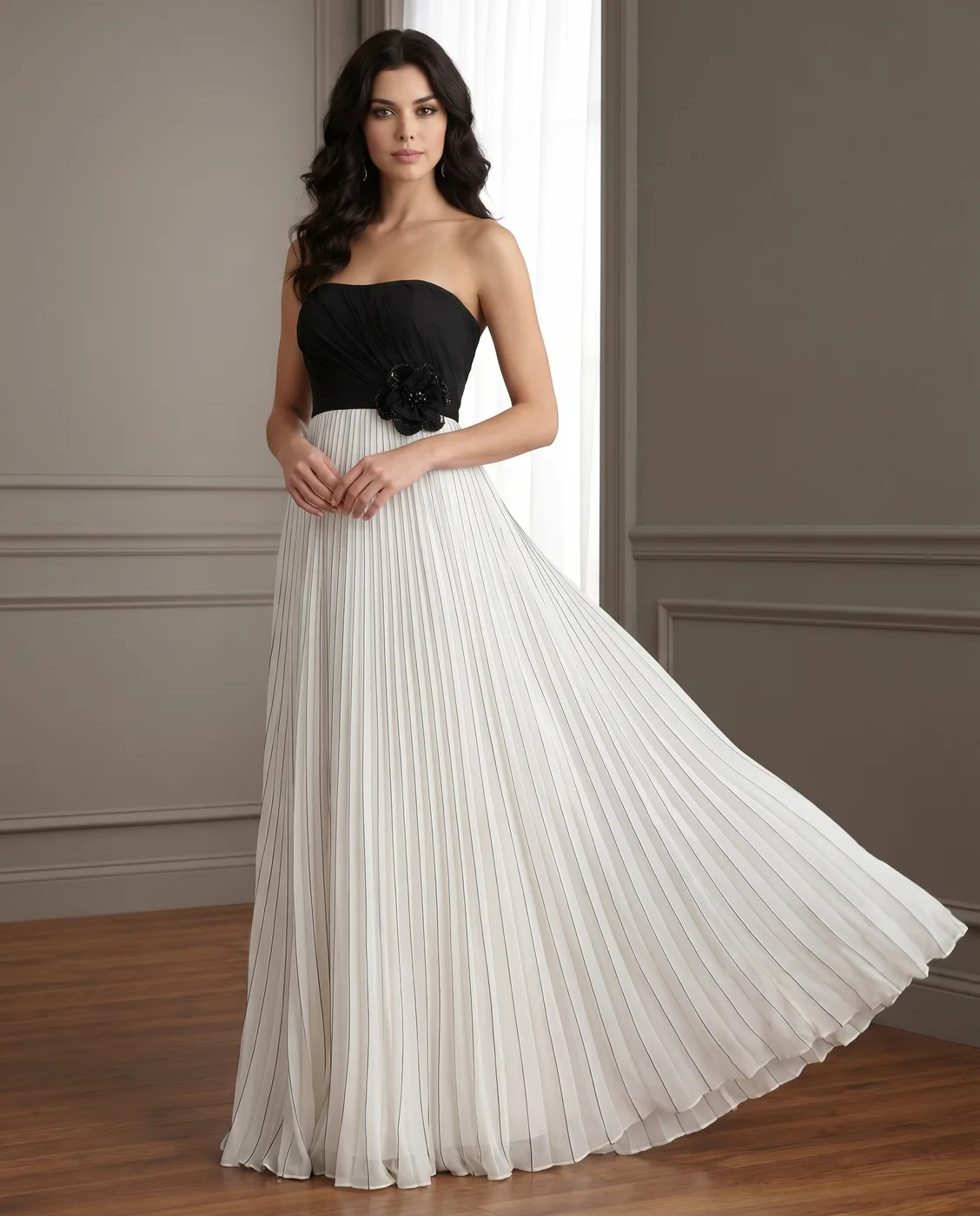 Black-And-White Pleated Gown