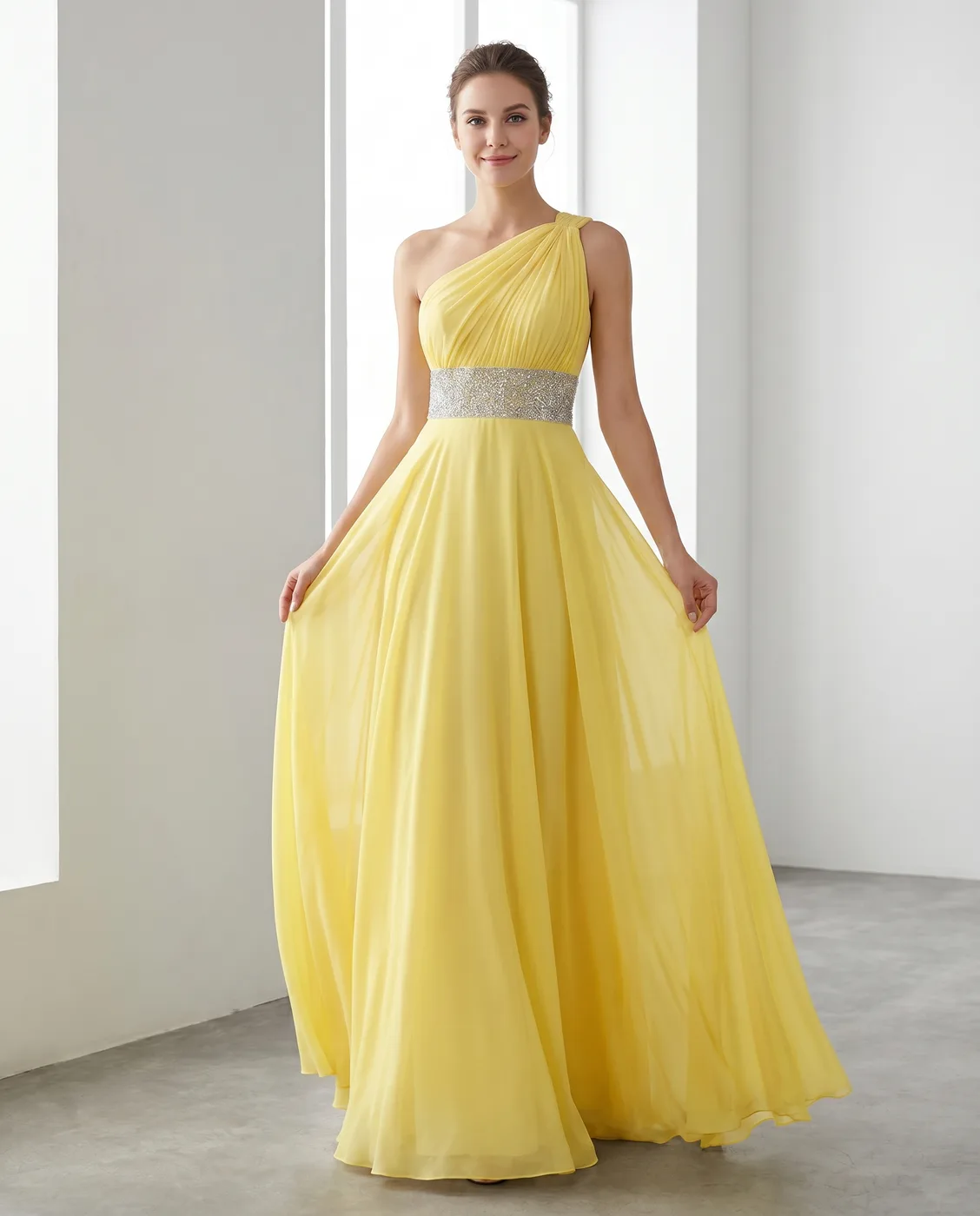 Yellow One-Shoulder Chiffon Gown
