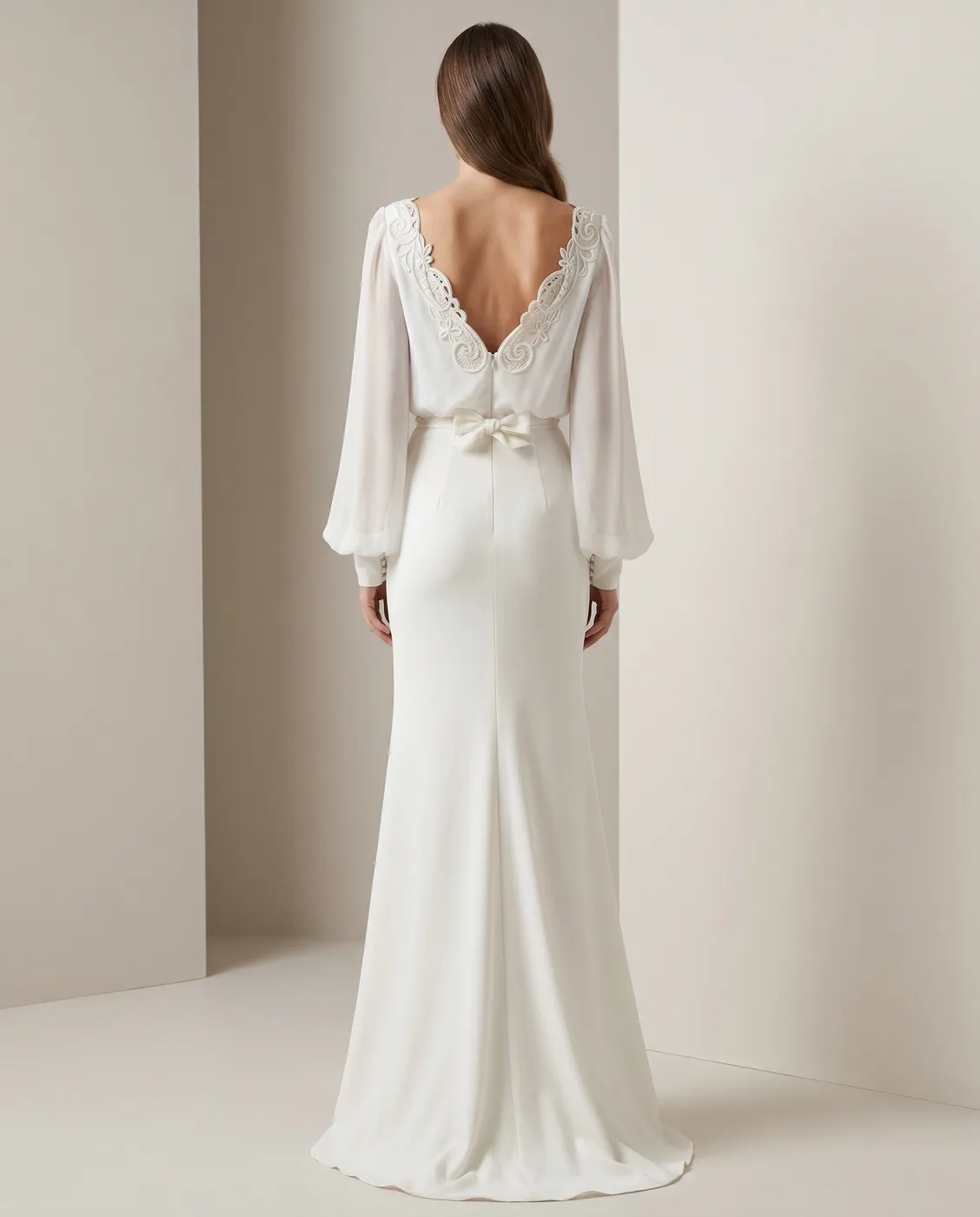 Lace-Shoulder Chiffon Gown