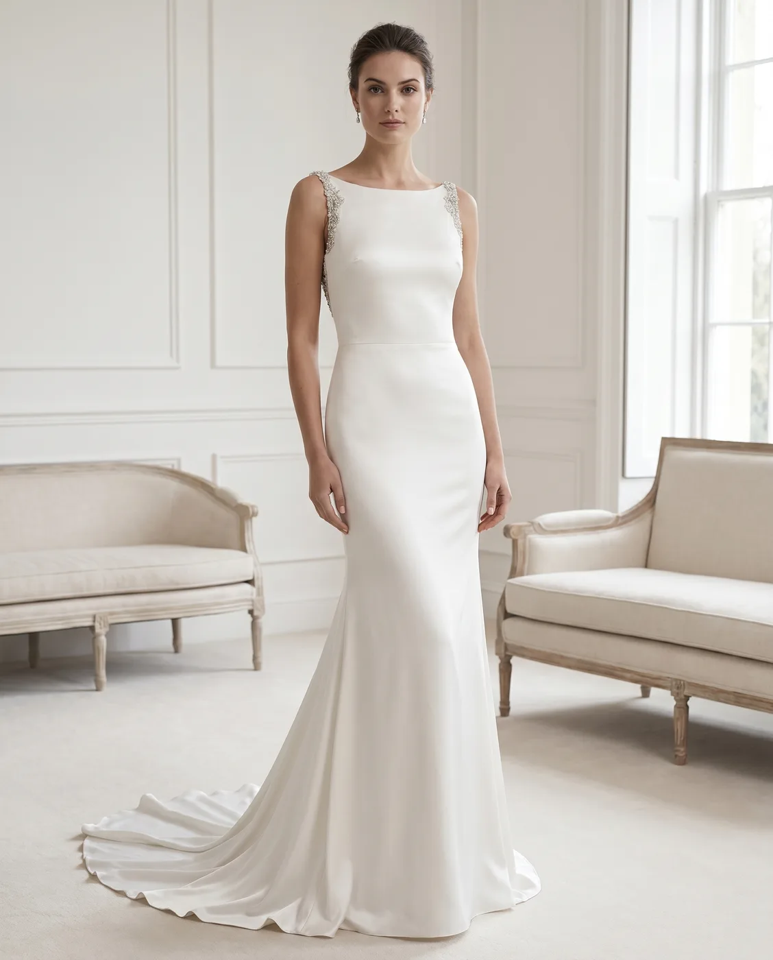 Beaded Open-Back Satin Gown