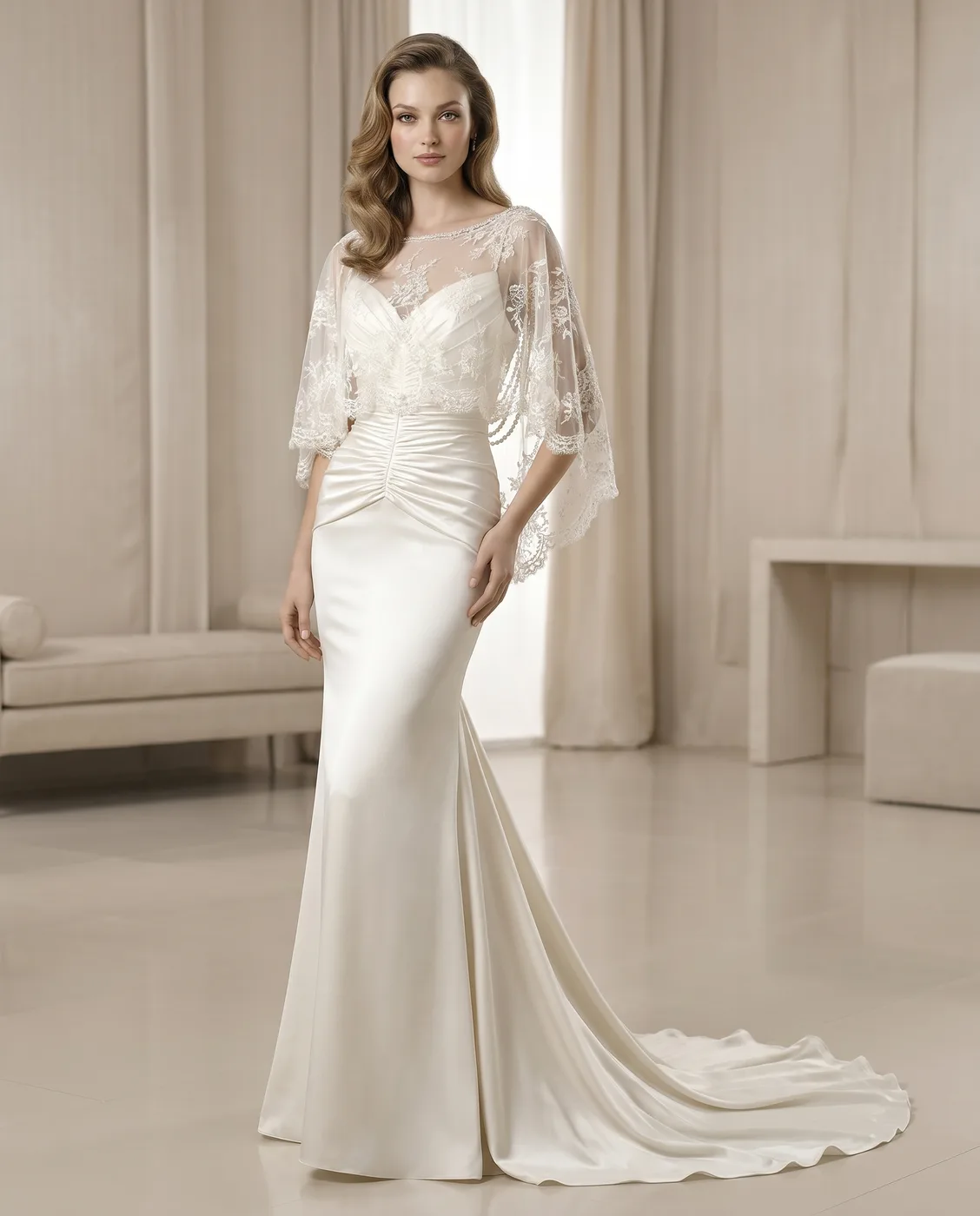 Pearl-Swag Lace Capelet Mermaid