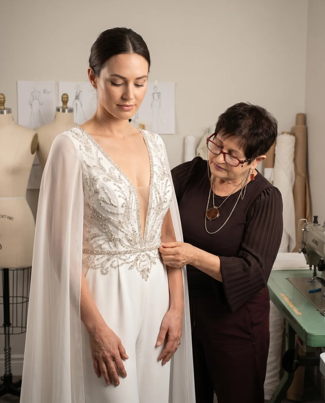 Designer Rita Kleiner fitting a beaded bridal jumpsuit in her atelier